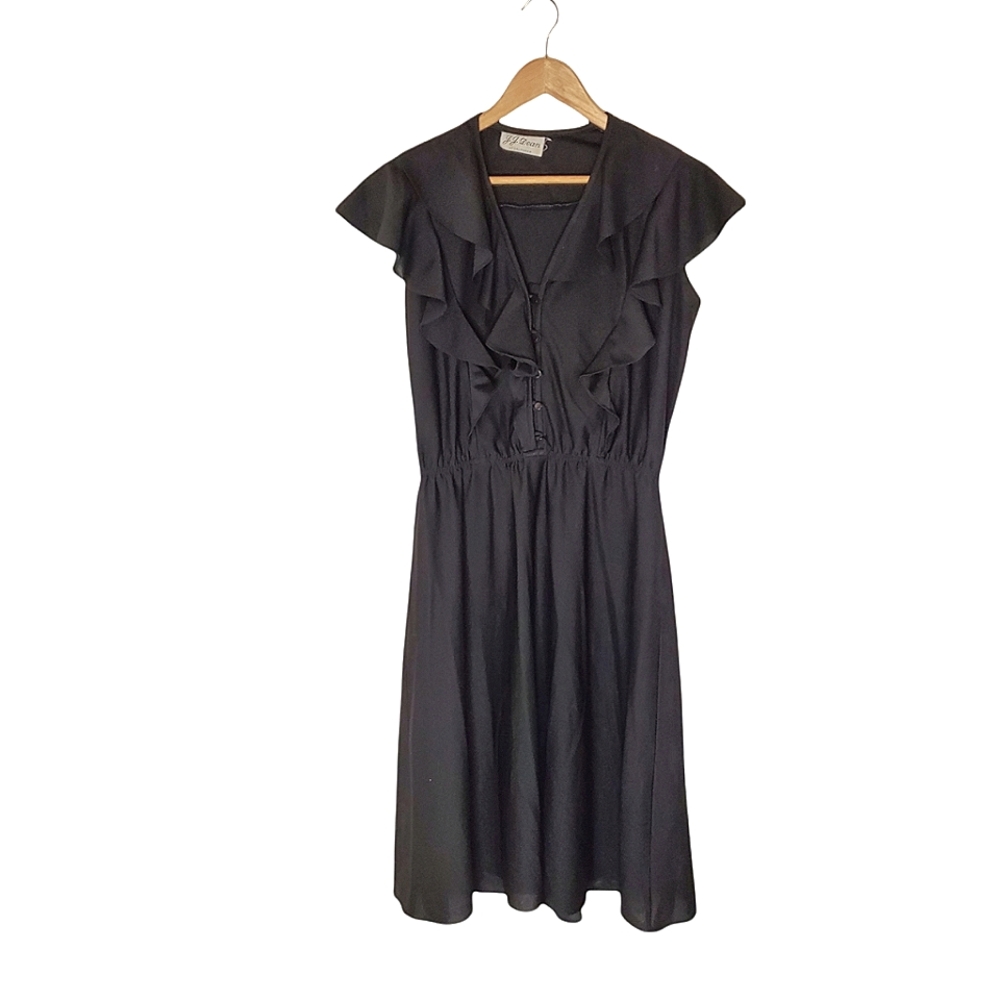 Black Mousse 70s Frilly Ruffled Top Polyester Dress with Gathered Waist